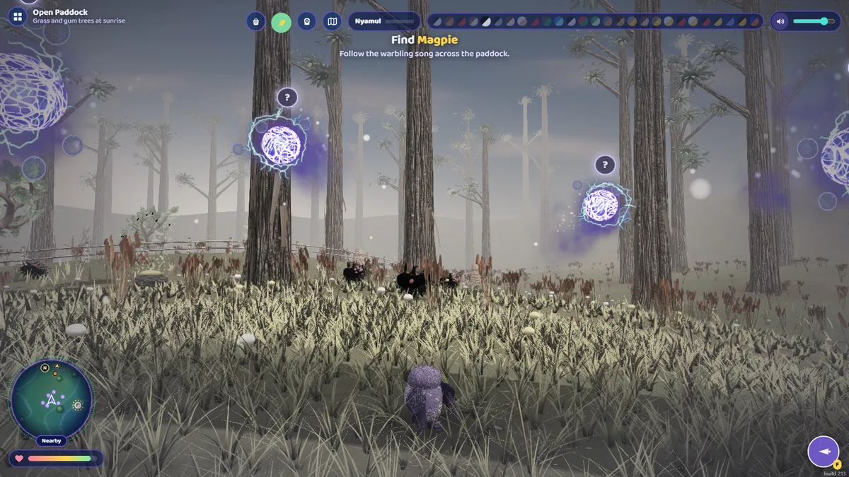 Glowing violet wisps over a paddock gone grey