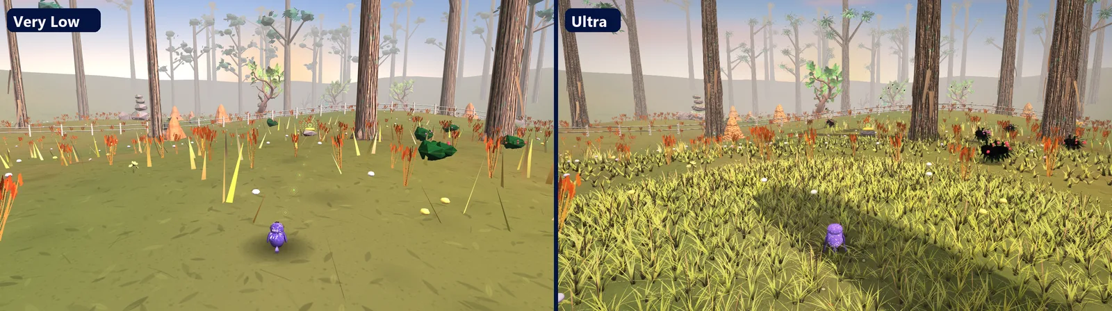 Open Paddock in Very Low and Ultra graphics, side by side