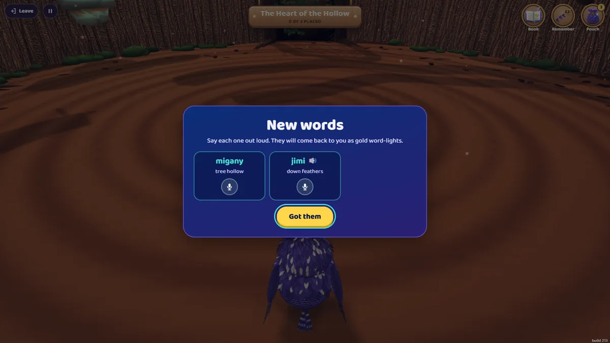 The New words card, with a microphone under each word