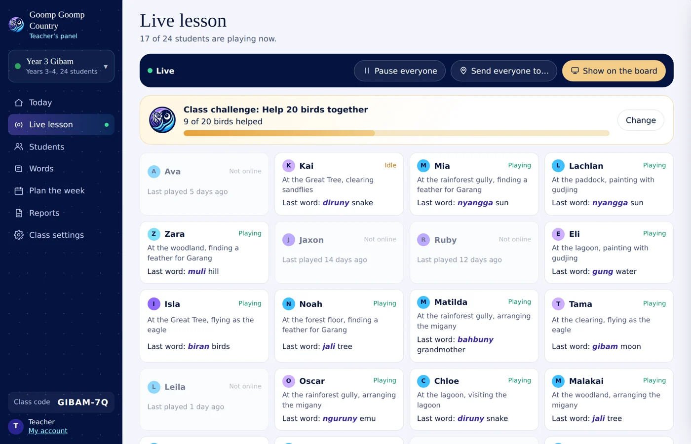Live lesson tiles for each student